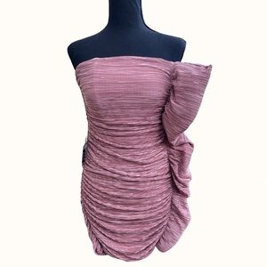 Express NWT bronze pink pleated strapless dress with ruffle • size 6